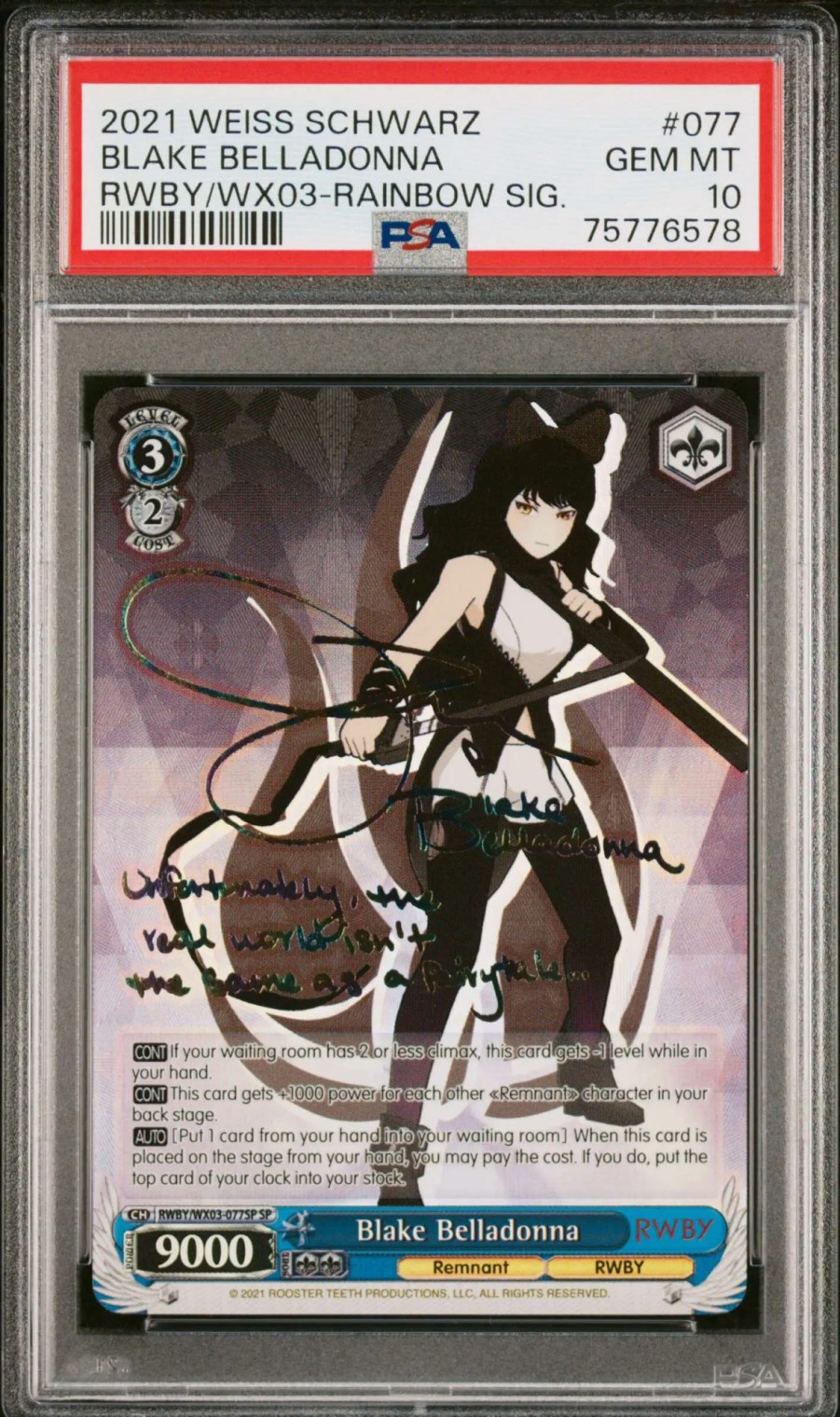 All Brands BushiRoad | Weiss Schwarz Trading Card Game Rwby Blake Belladonna Rainbow Signature Sp Graded Card #77 [Psa 10 - Gem Mint (75776578)]