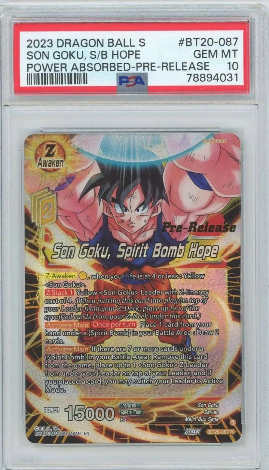 All Brands Bandai | Dragon Ball Super Trading Card Game Power Absorbed Pre-Release Son Goku, Spirit Bomb Hope Bt20-087 [Psa 10] [Gem Mint]