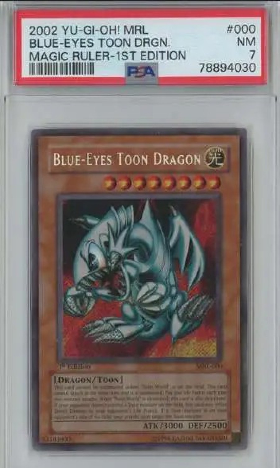 All Brands Konami | Yugioh Magic Ruler Blue-Eyes Toon Dragon Secret Rare Graded Card Mrl-000 [1St Edition] [Psa 7]