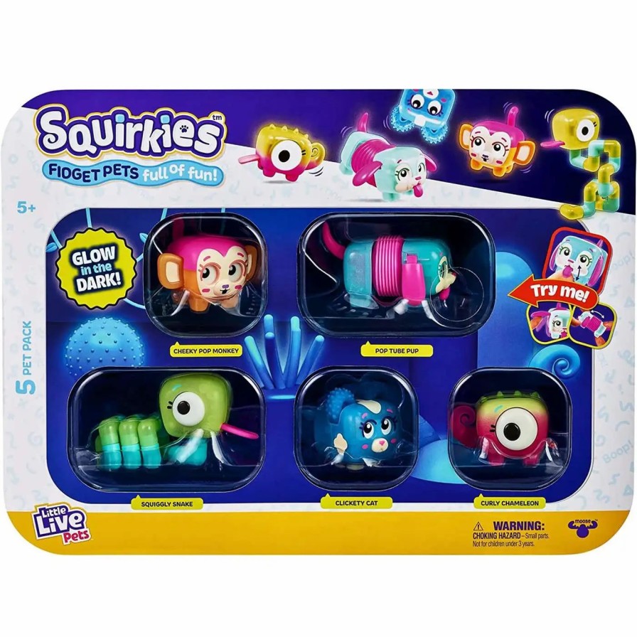 All Brands Moose Toys | Little Live Pets Squirkies Cheeky Pop Monkey, Pop Tube Pup, Squiggly Snake, Clickety Cat & Curly Chameleon Figure 5-Pack