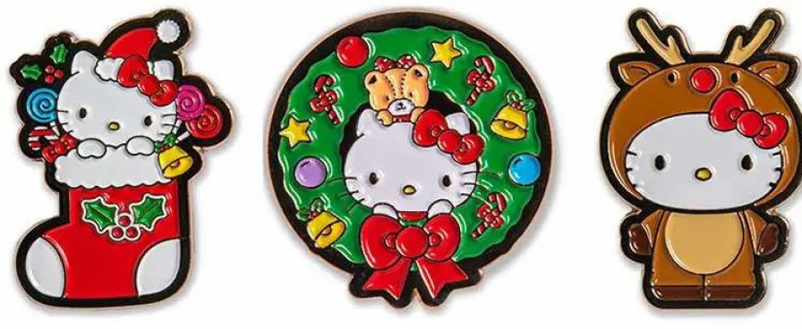 All Brands Kidrobot (NECA) | Sanrio Hello Kitty & Friends Happy Holidays Rudolph, Stocking & Wreath 1.5-Inch Enamel Pin Set 3-Pack (Pre-Order Ships February)