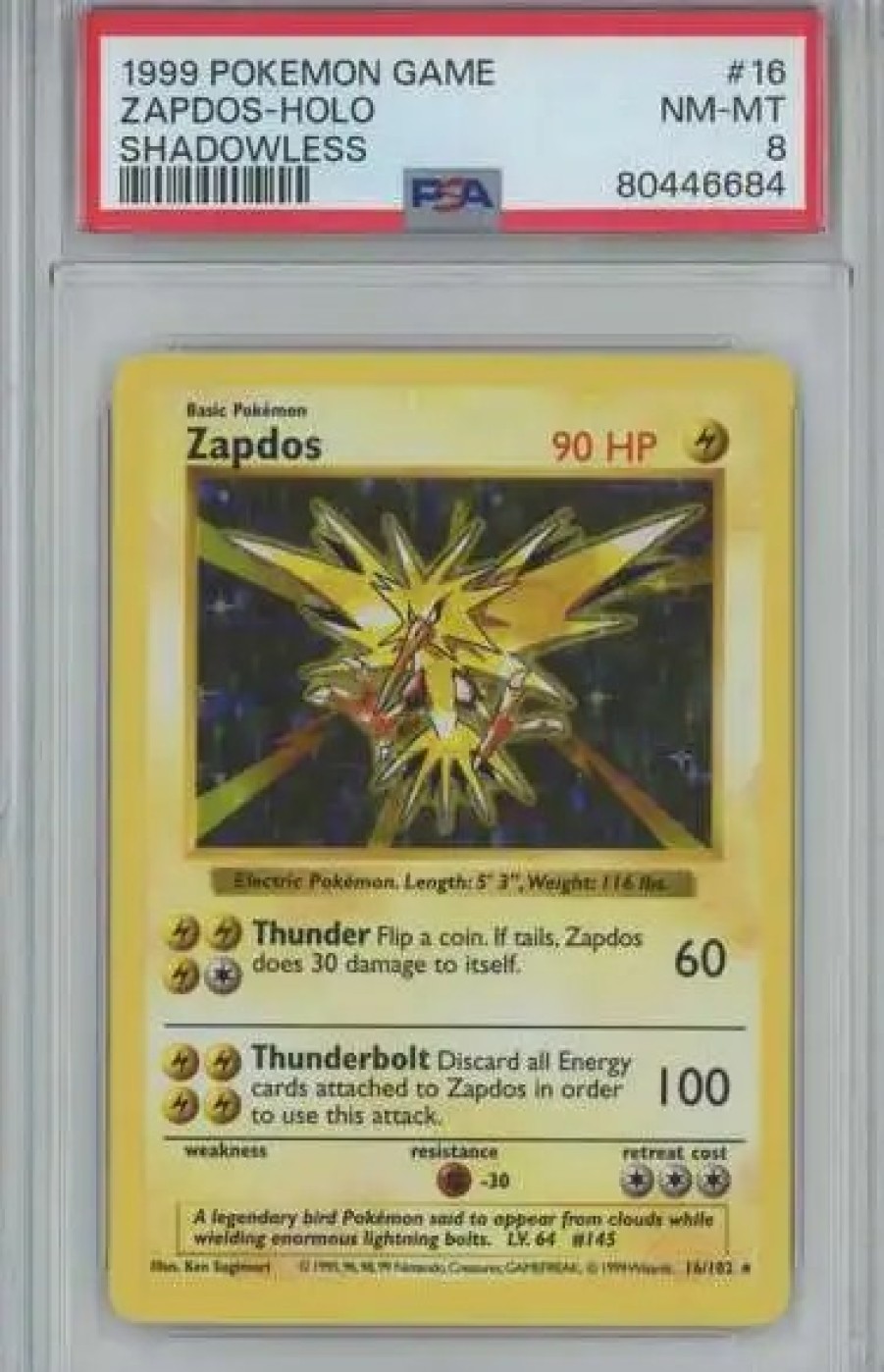 All Brands Wizards of the Coast | Pokemon Base Set Zapdos Rare Holo Graded Card #16 [Shadowless] [Psa 8]